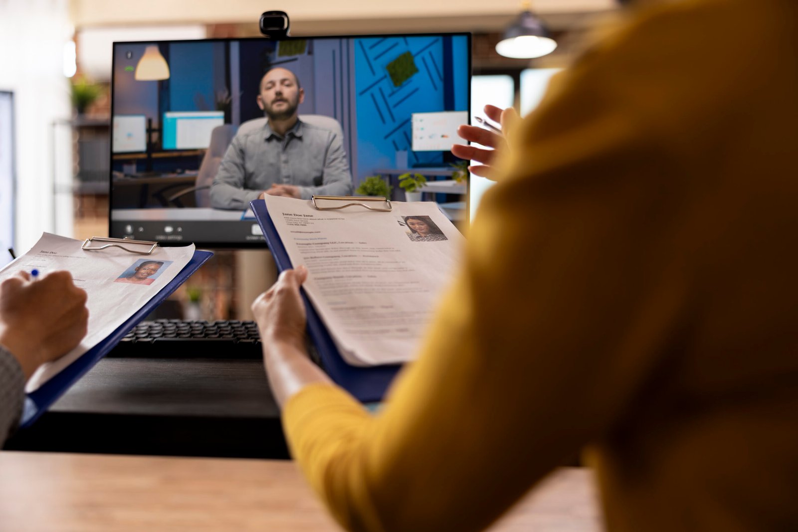 remote manager reviews cv with employees